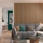 Acoustic oak wall panelling lifestyle image in a living room.