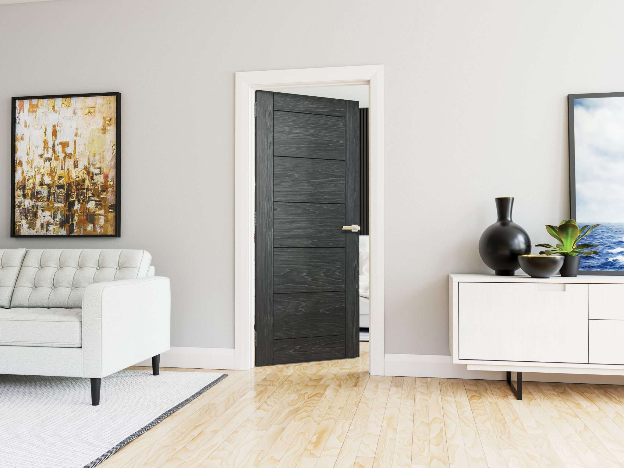 Deanta Seville finished in brushed black oak in a modern white living room