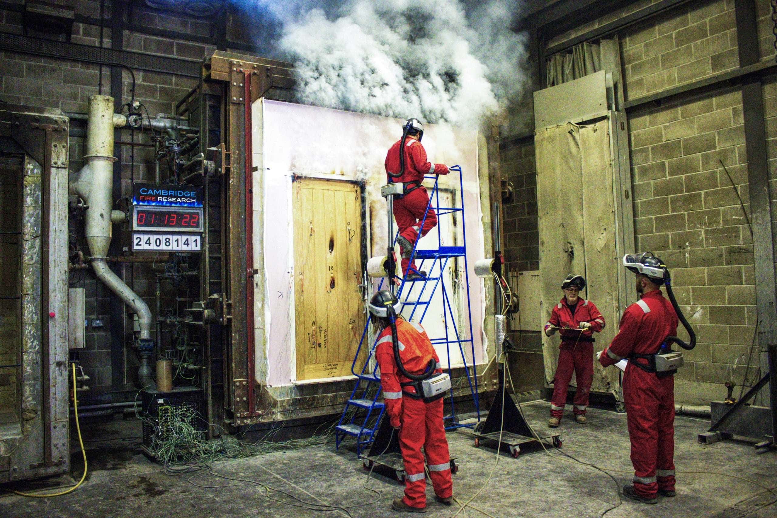 Fire safety testing of Deanta fire seal products in industrial setting.