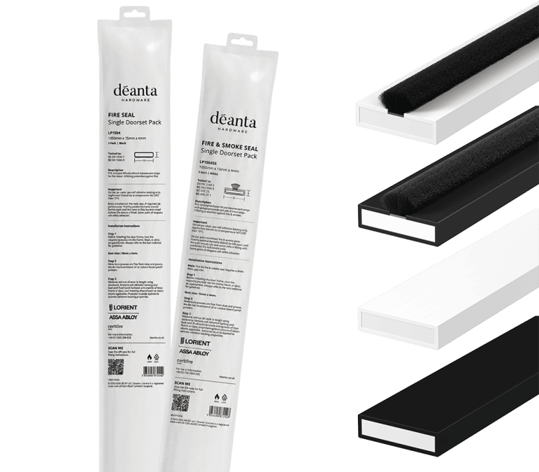 Deanta fire seal range for doors with black and white options.