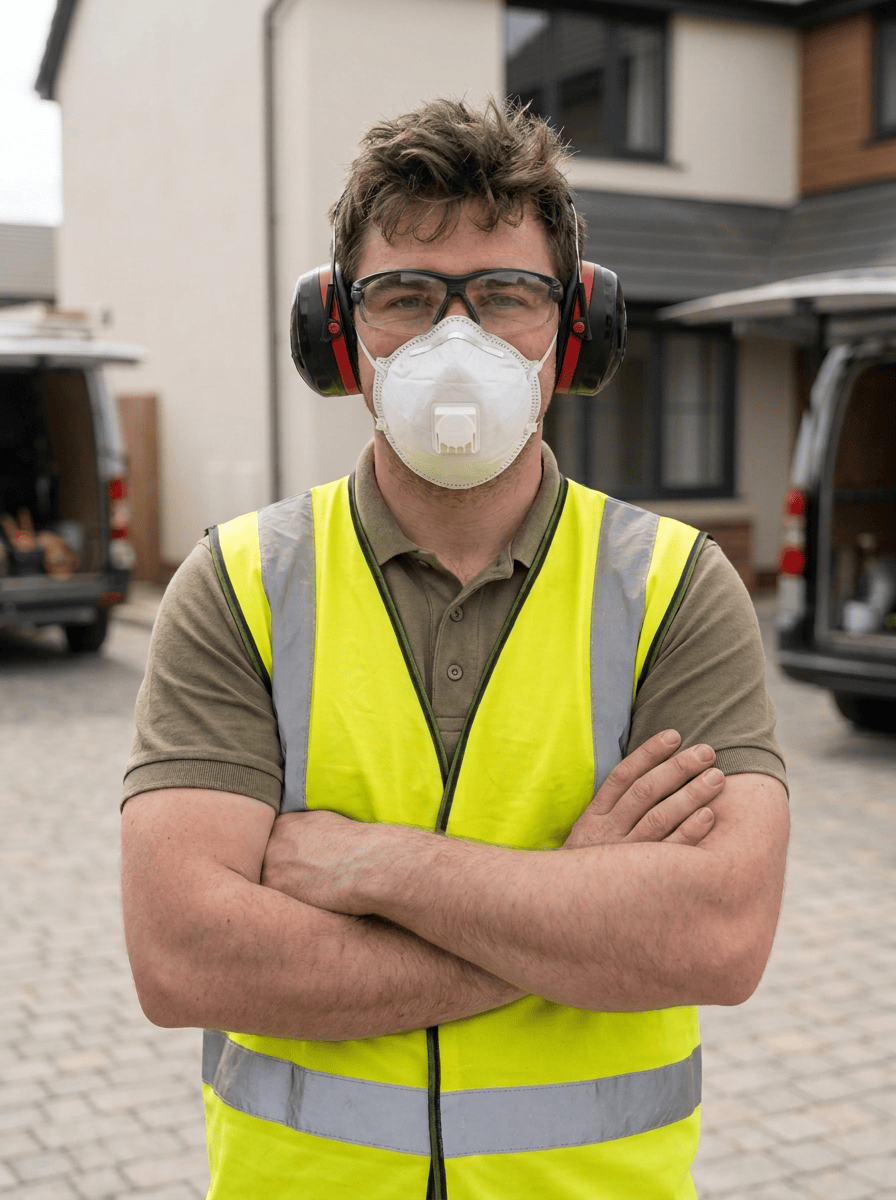 Construction worker wearing PPE including mask, ear protection, and high-vis vest.