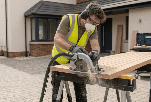 Carpenter cutting a wooden door with a circular saw on site.