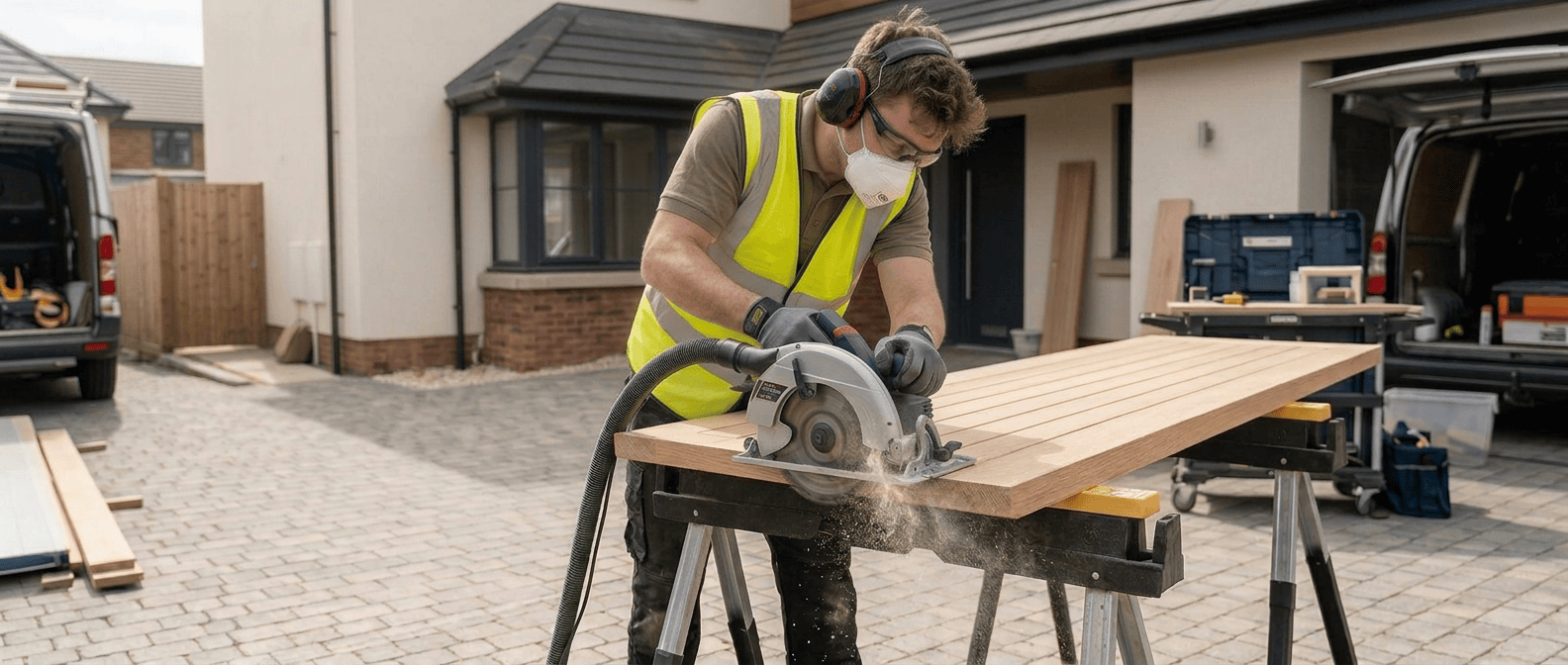 Carpenter cutting a wooden door with a circular saw on site.