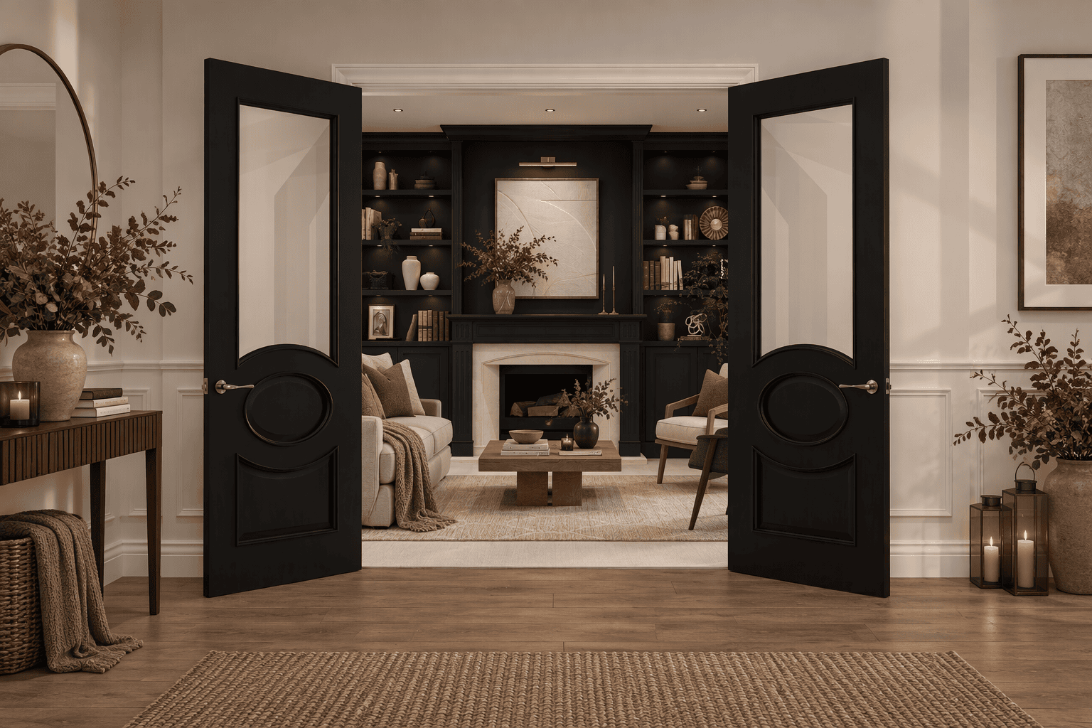 Deanta Sandringham Internal Door Black in elegant living room setting.