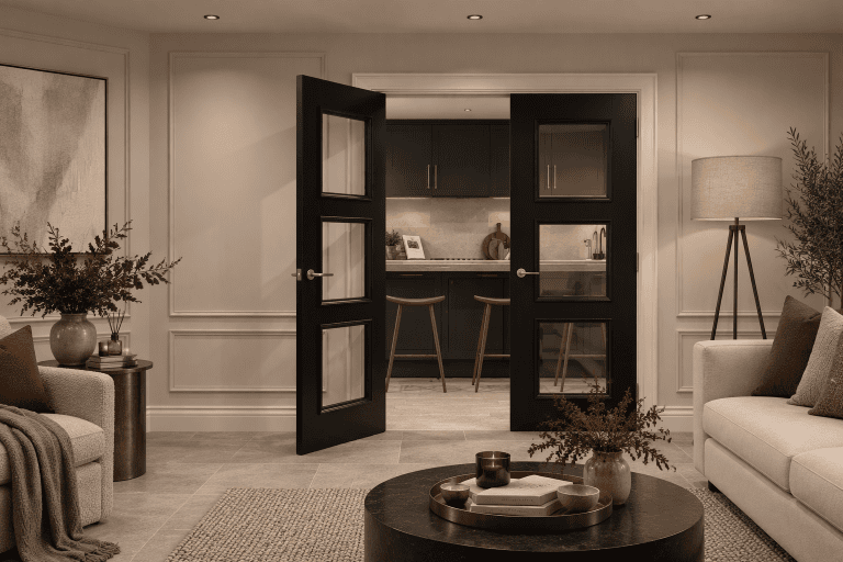 Deanta Sandringham Internal Door Black in a modern living room setting.