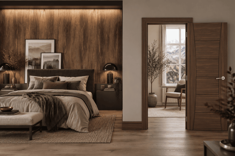 Deanta Sandringham Internal Door Black in a modern bedroom setting.