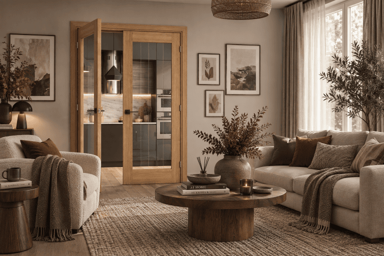 Deanta Sandringham Internal Door Black in a modern living room setting.