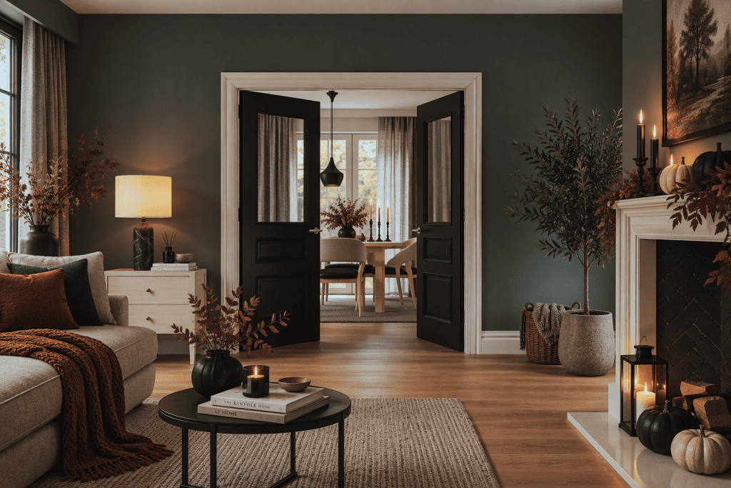 Deanta Sandringham Internal Door Black in a stylish living room setting.