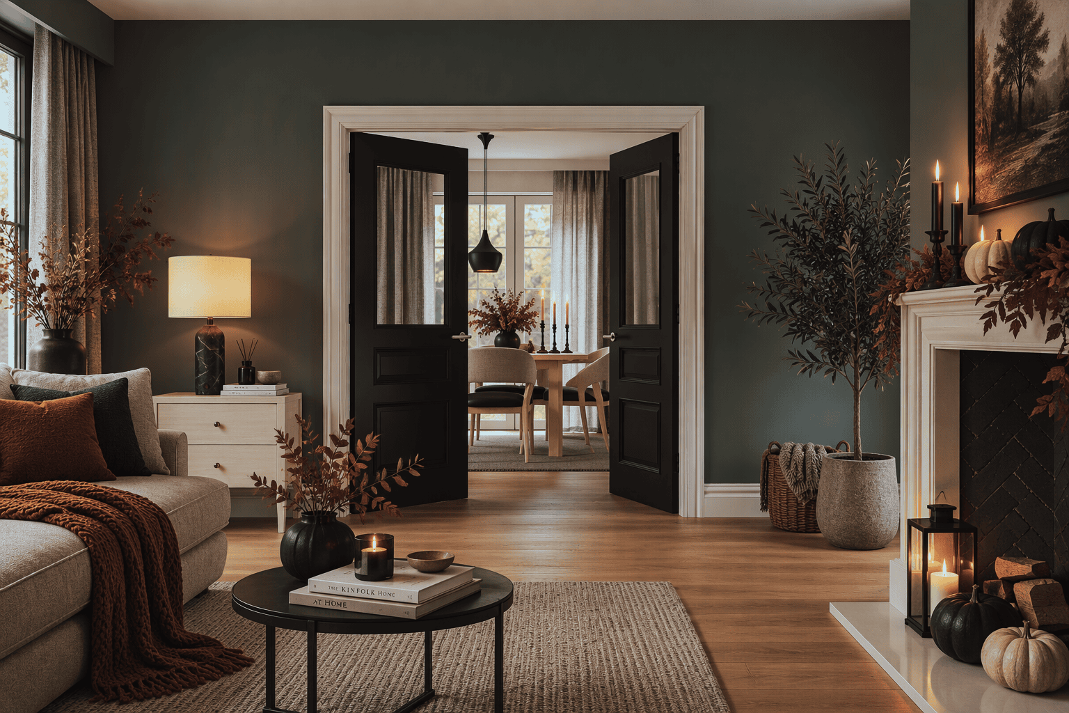 Deanta Sandringham Internal Door Black in a stylish living room setting.