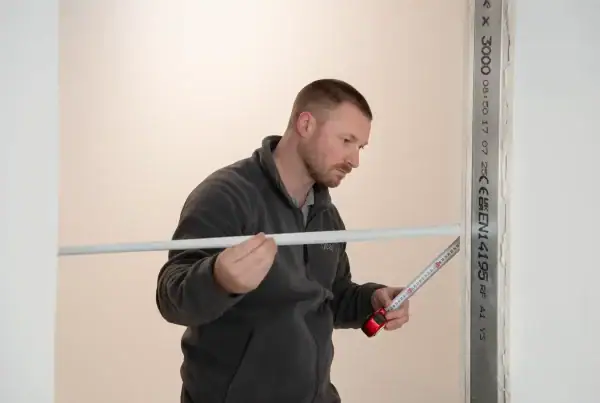 Man measuring wall for Deanta internal door fitting.